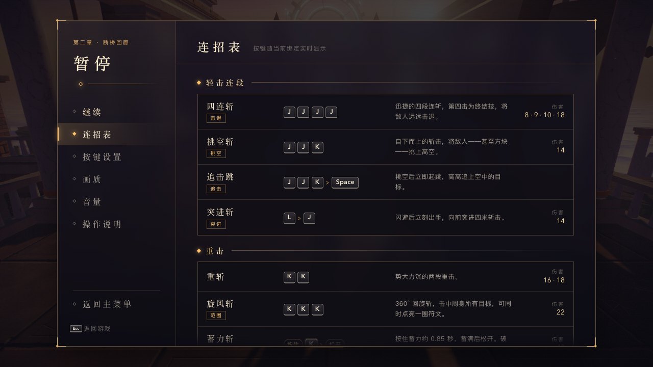 暂停菜单的连招表页面，左边是分页，右边按轻击连段、重击分组列出每个招式的按键、说明和伤害
